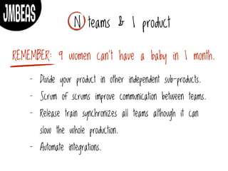 REMEMBER: 9 women can’t have a baby in 1 month.
- Divide your product in other independent sub-products.
- Scrum of scrums improve communication between teams.
- Release train synchronizes all teams although it can
slow the whole production.
- Automate integrations.
N teams & 1 product
 