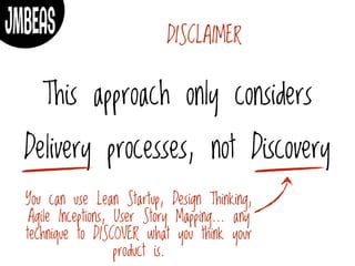 DISCLAIMER
This approach only considers
Delivery processes, not Discovery
You can use Lean Startup, Design Thinking,
Agile Inceptions, User Story Mapping… any
technique to DISCOVER what you think your
product is.
 
