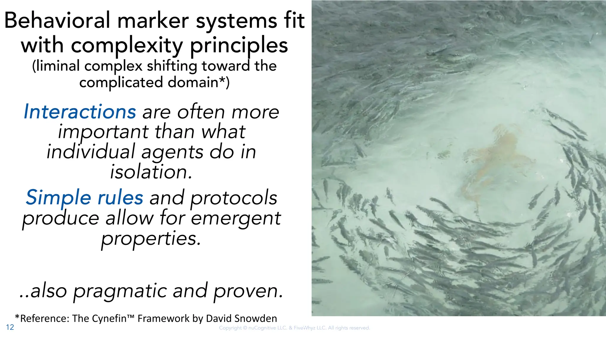 Copyright © nuCognitive LLC. & FiveWhyz LLC. All rights reserved.
Behavioral marker systems fit
with complexity principles
(liminal complex shifting toward the
complicated domain*)
Interactions are often more
important than what
individual agents do in
isolation.
Simple rules and protocols
produce allow for emergent
properties.
..also pragmatic and proven.
12
12
*Reference: The Cynefin™ Framework by David Snowden
 