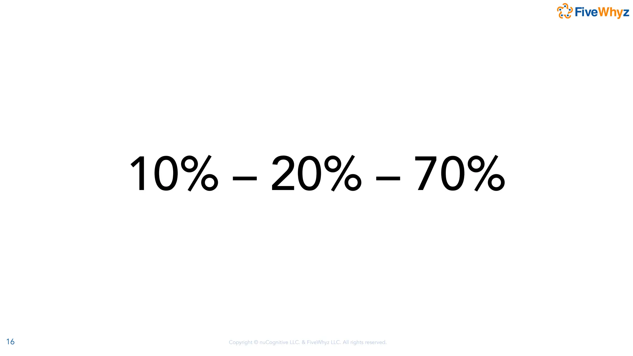 Copyright © nuCognitive LLC. & FiveWhyz LLC. All rights reserved.
10% – 20% – 70%
16
 