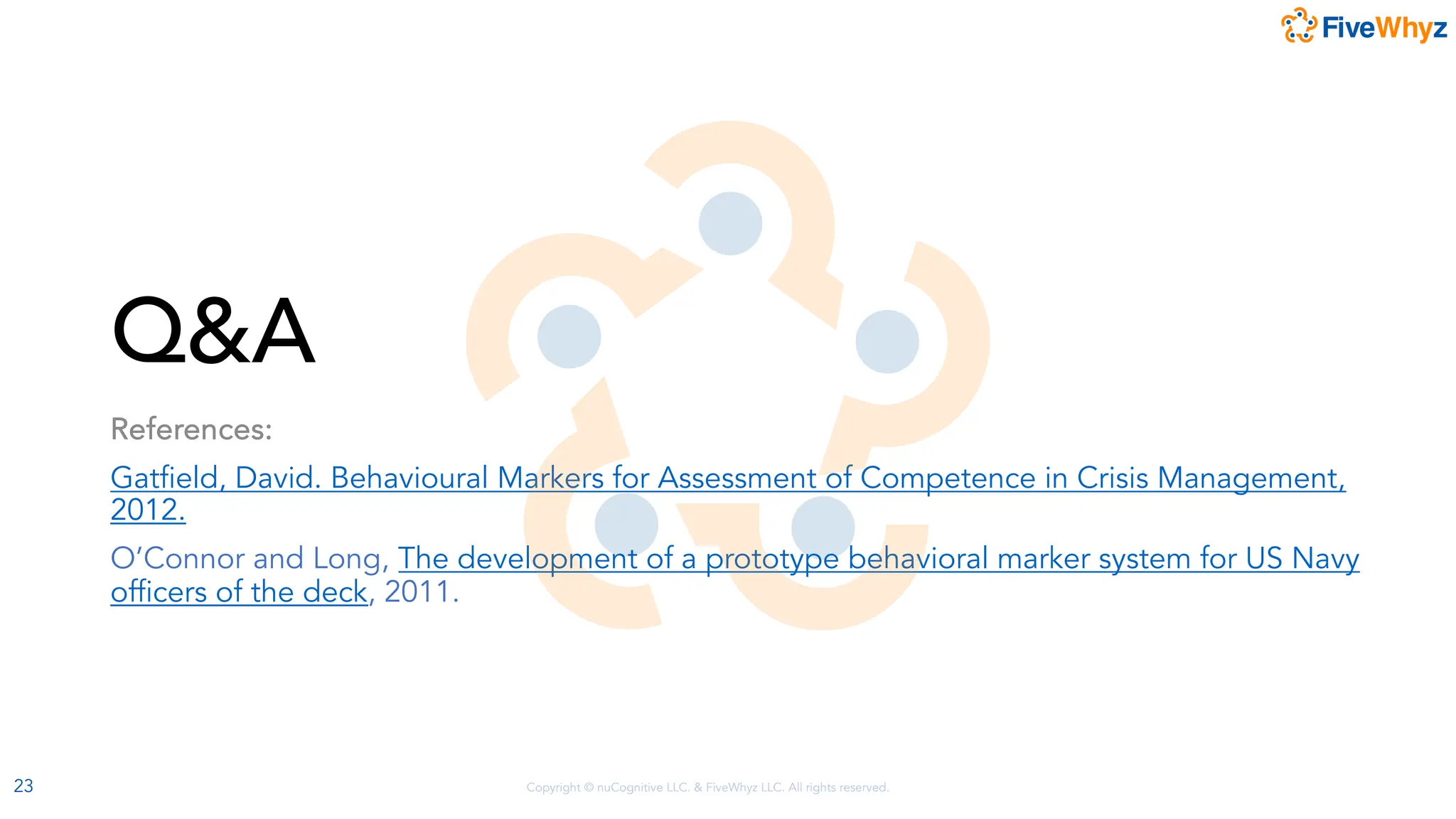 Copyright © nuCognitive LLC. & FiveWhyz LLC. All rights reserved.
Q&A
References:
Gatfield, David. Behavioural Markers for Assessment of Competence in Crisis Management,
2012.
O’Connor and Long, The development of a prototype behavioral marker system for US Navy
officers of the deck, 2011.
23
 