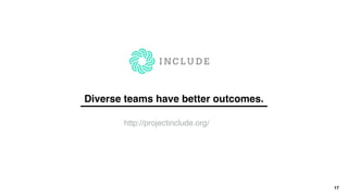 17
Diverse teams have better outcomes.
http://projectinclude.org/
 