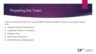 Preparing the Team
From recruitment to fitment, from nurturing talent to building resilience, it takes a lot to make a robust
team
 Business Cultural Transformation
 Leadership Program for Managers
 Strategic Hiring
 HR Process Enablement
 HR & Performance Management
 