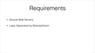 Requirements
•

Several Web Servers

•

Logic Separated by Module/Action

 