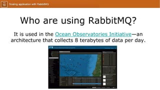 Who are using RabbitMQ?
It is used in the Ocean Observatories Initiative—an
architecture that collects 8 terabytes of data per day.
 