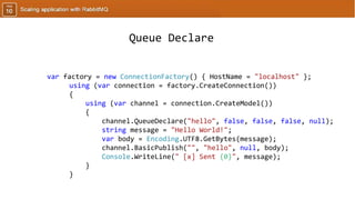 var factory = new ConnectionFactory() { HostName = "localhost" };
using (var connection = factory.CreateConnection())
{
using (var channel = connection.CreateModel())
{
channel.QueueDeclare("hello", false, false, false, null);
string message = "Hello World!";
var body = Encoding.UTF8.GetBytes(message);
channel.BasicPublish("", "hello", null, body);
Console.WriteLine(" [x] Sent {0}", message);
}
}
Queue Declare
 