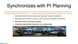 Synchronizes with PI Planning
! All stakeholders face-to-face (but typically multiple locations)
! Management sets the mission, with minimum possible constraints
! Requirements and design emerge
! Important stakeholder decisions are accelerated
! Teams create—and take responsibility for—plans
Future product development tasks can’t be pre-determined. Distribute planning and control to those who can
understand and react to the end results. — Michael Kennedy, Product Development for the Lean Enterprise
For a short video PI planning example, see: https://youtu.be/ZZAtl7nAB1M