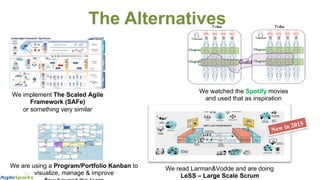 The Alternatives
New in 2015
We implement The Scaled Agile
Framework (SAFe)
or something very similar
We watched the Spotify movies
and used that as inspiration
We read Larman&Vodde and are doing
LeSS – Large Scale Scrum
We are using a Program/Portfolio Kanban to
visualize, manage & improve