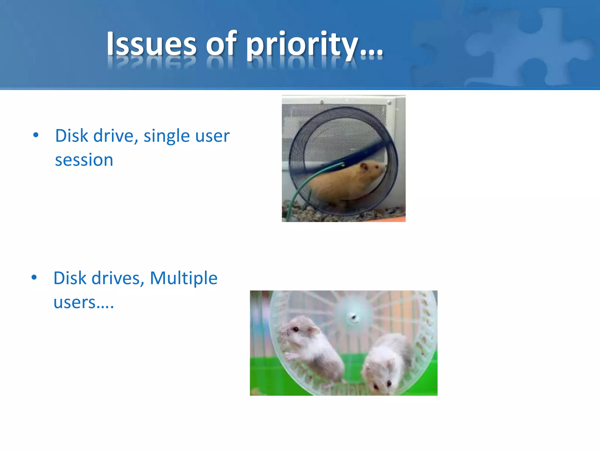 Issues of priority… 
• Disk drive, single user 
session 
• Disk drives, Multiple 
users…. 
 