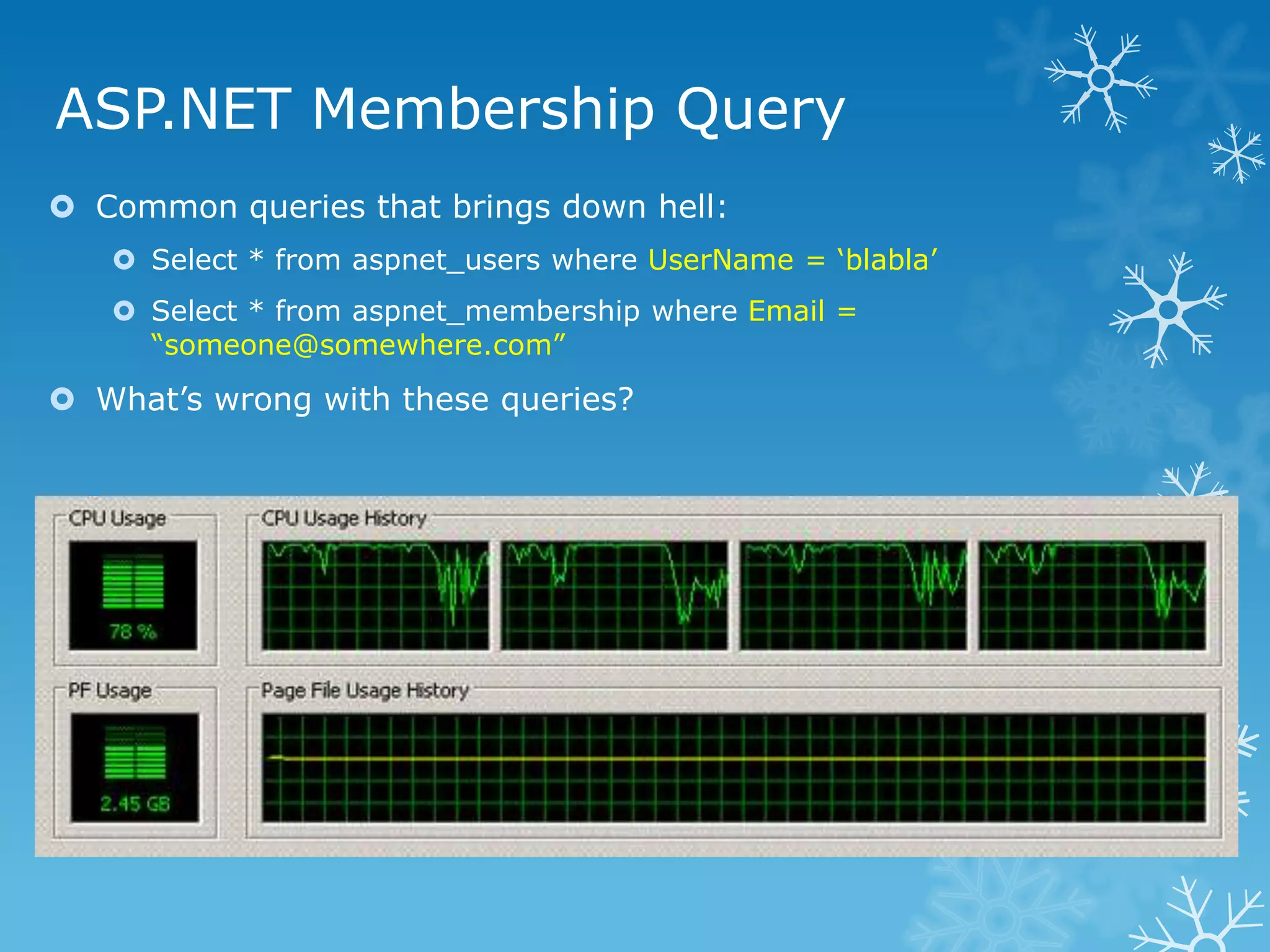 ASP.NET Membership Query
 Common queries that brings down hell:
    Select * from aspnet_users where UserName = „blabla‟
    Select * from aspnet_membership where Email =
     “someone@somewhere.com”
 What‟s wrong with these queries?
 