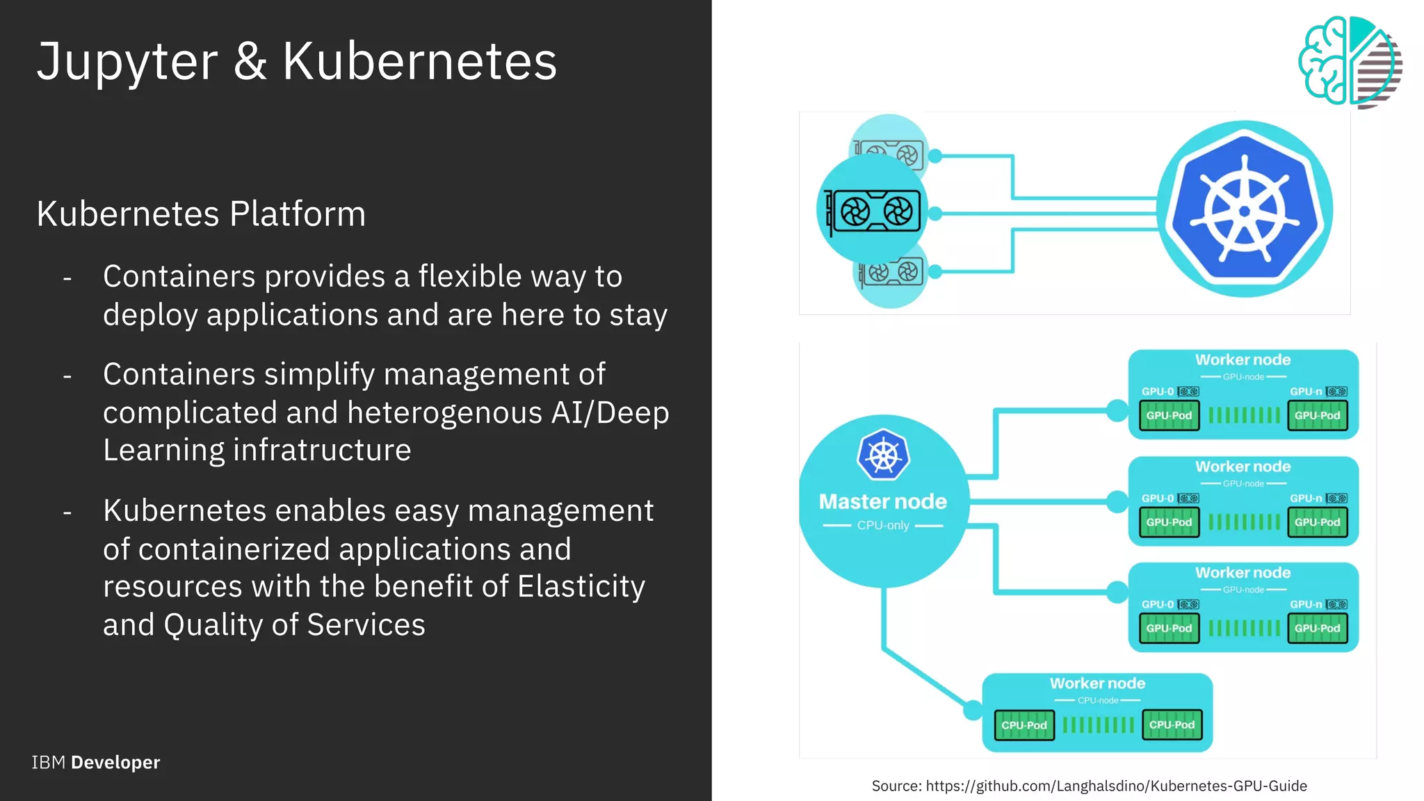 Jupyter & Kubernetes
© 2018 IBM Corporation
21
Kubernetes Platform
- Containers provides a flexible way to
deploy applications and are here to stay
- Containers simplify management of
complicated and heterogenous AI/Deep
Learning infratructure
- Kubernetes enables easy management
of containerized applications and
resources with the benefit of Elasticity
and Quality of Services
Source: https://github.com/Langhalsdino/Kubernetes-GPU-Guide
 
