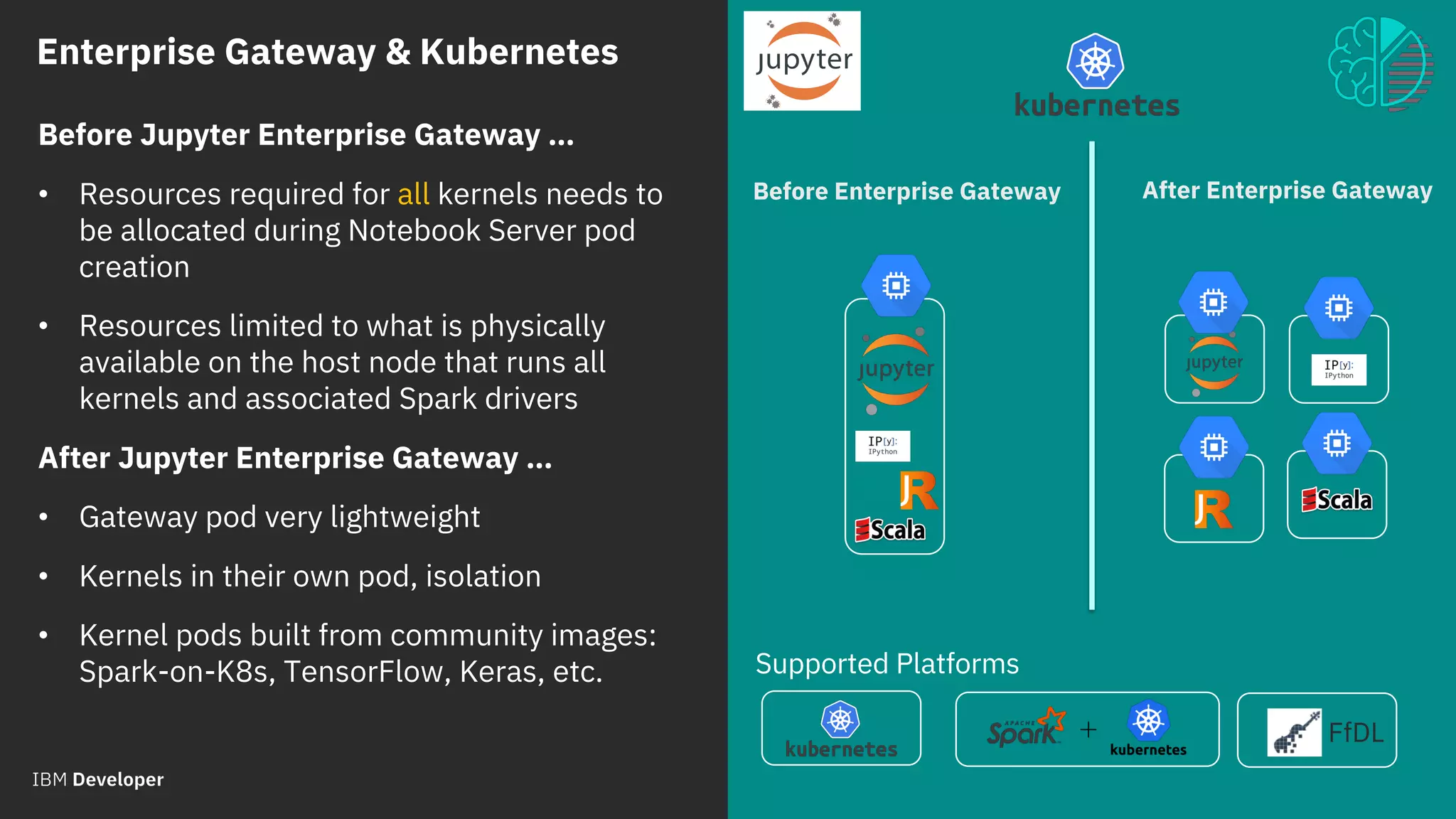 Enterprise Gateway & Kubernetes
© 2018 IBM Corporation
Supported Platforms
FfDL
Before Enterprise Gateway After Enterprise Gateway
Before Jupyter Enterprise Gateway …
• Resources required for all kernels needs to
be allocated during Notebook Server pod
creation
• Resources limited to what is physically
available on the host node that runs all
kernels and associated Spark drivers
After Jupyter Enterprise Gateway …
• Gateway pod very lightweight
• Kernels in their own pod, isolation
• Kernel pods built from community images:
Spark-on-K8s, TensorFlow, Keras, etc.
 
