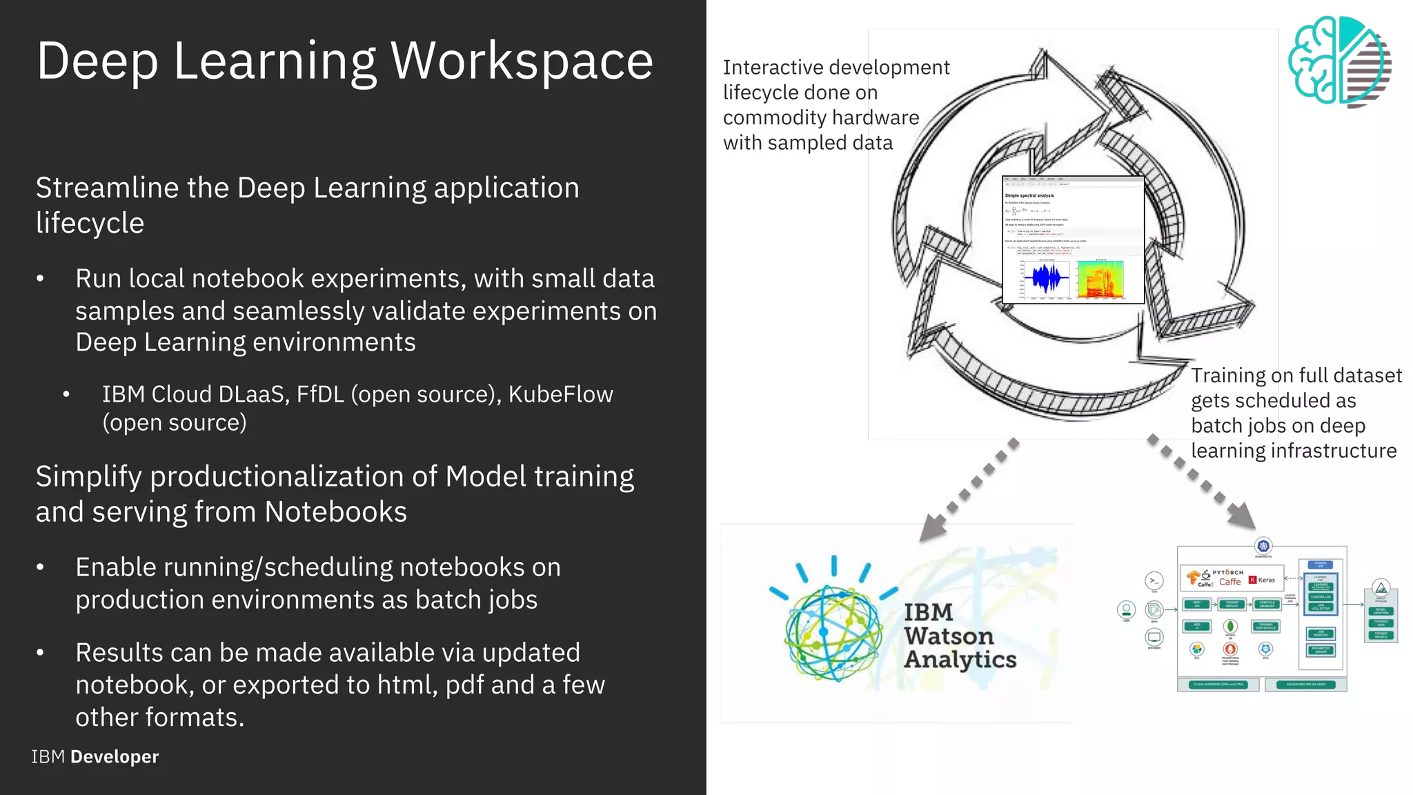 March 30 2018 / © 2018 IBM Corporation
32
Streamline the Deep Learning application
lifecycle
• Run local notebook experiments, with small data
samples and seamlessly validate experiments on
Deep Learning environments
• IBM Cloud DLaaS, FfDL (open source), KubeFlow
(open source)
Simplify productionalization of Model training
and serving from Notebooks
• Enable running/scheduling notebooks on
production environments as batch jobs
• Results can be made available via updated
notebook, or exported to html, pdf and a few
other formats.
Interactive development
lifecycle done on
commodity hardware
with sampled data
Training on full dataset
gets scheduled as
batch jobs on deep
learning infrastructure
Deep Learning Workspace
 