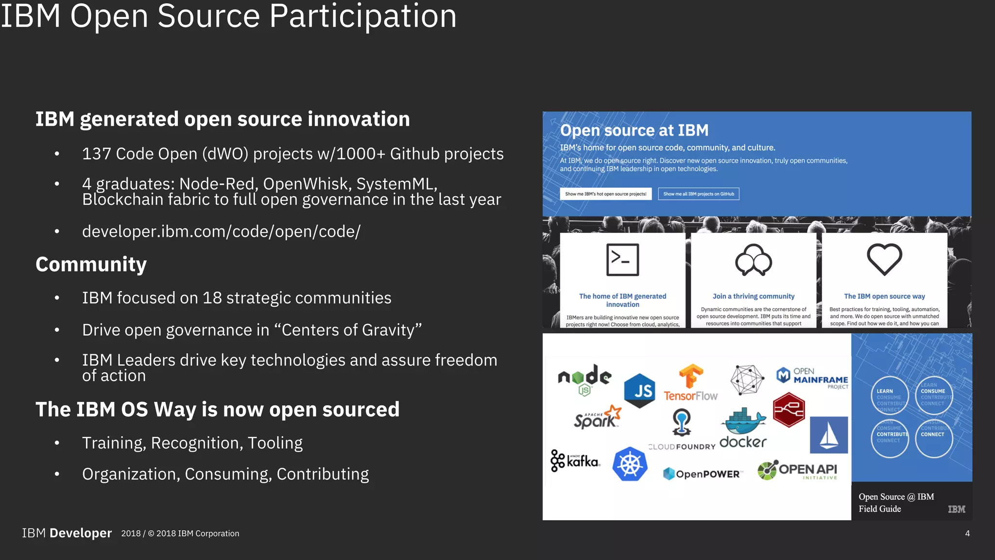 4
IBM Open Source Participation
IBM generated open source innovation
• 137 Code Open (dWO) projects w/1000+ Github projects
• 4 graduates: Node-Red, OpenWhisk, SystemML,
Blockchain fabric to full open governance in the last year
• developer.ibm.com/code/open/code/
Community
• IBM focused on 18 strategic communities
• Drive open governance in “Centers of Gravity”
• IBM Leaders drive key technologies and assure freedom
of action
The IBM OS Way is now open sourced
• Training, Recognition, Tooling
• Organization, Consuming, Contributing
2018 / © 2018 IBM Corporation
 