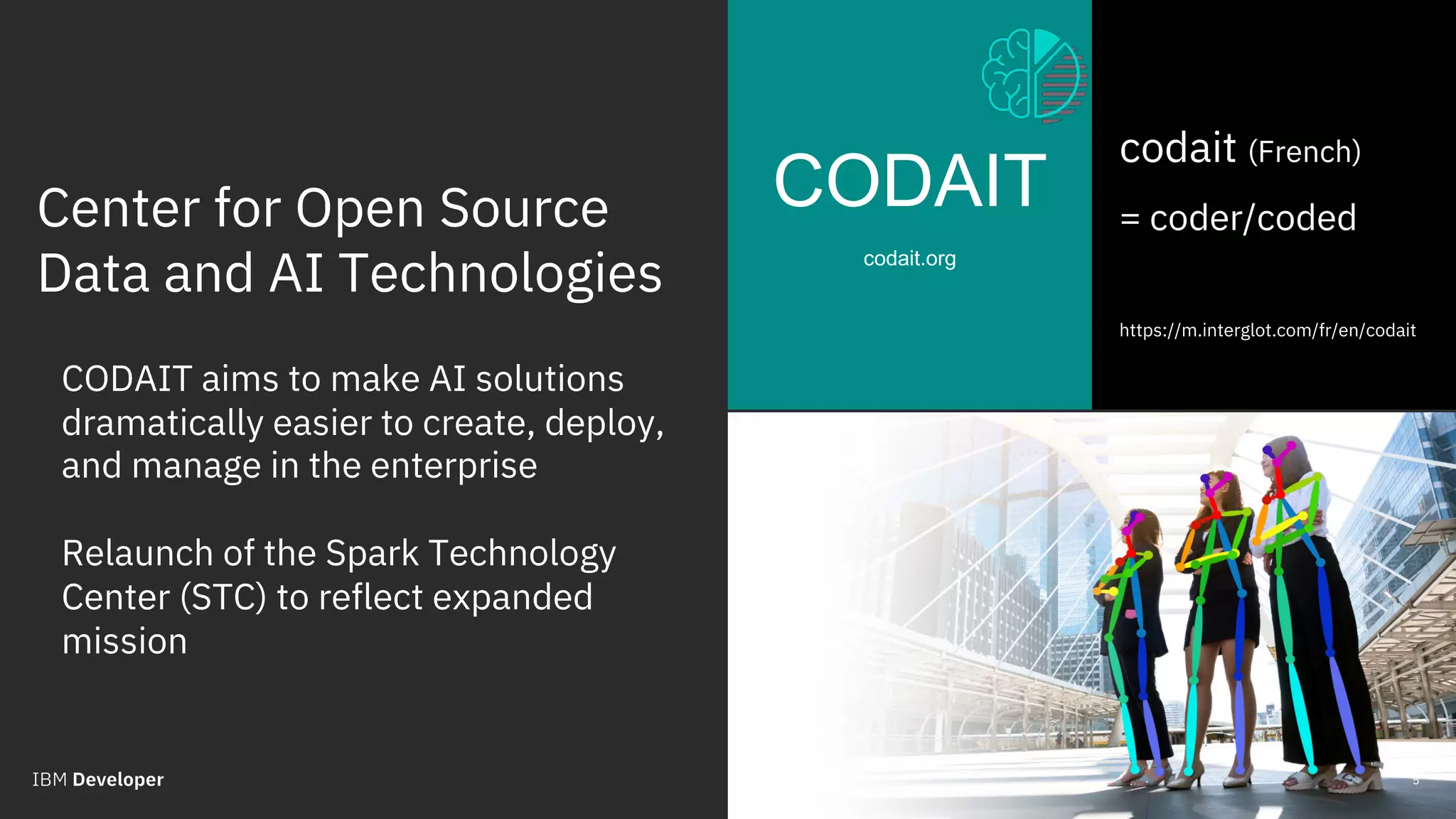 Center for Open Source
Data and AI Technologies
CODAIT
codait.org
2018 / © 2018 IBM Corporation
codait (French)
= coder/coded
https://m.interglot.com/fr/en/codait
CODAIT aims to make AI solutions
dramatically easier to create, deploy,
and manage in the enterprise
Relaunch of the Spark Technology
Center (STC) to reflect expanded
mission
5
 