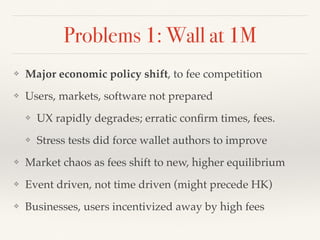 Problems 1: Wall at 1M
❖ Major economic policy shift, to fee competition
❖ Users, markets, software not prepared
❖ UX rapidly degrades; erratic conﬁrm times, fees.
❖ Stress tests did force wallet authors to improve
❖ Market chaos as fees shift to new, higher equilibrium
❖ Event driven, not time driven (might precede HK)
❖ Businesses, users incentivized away by high fees
 