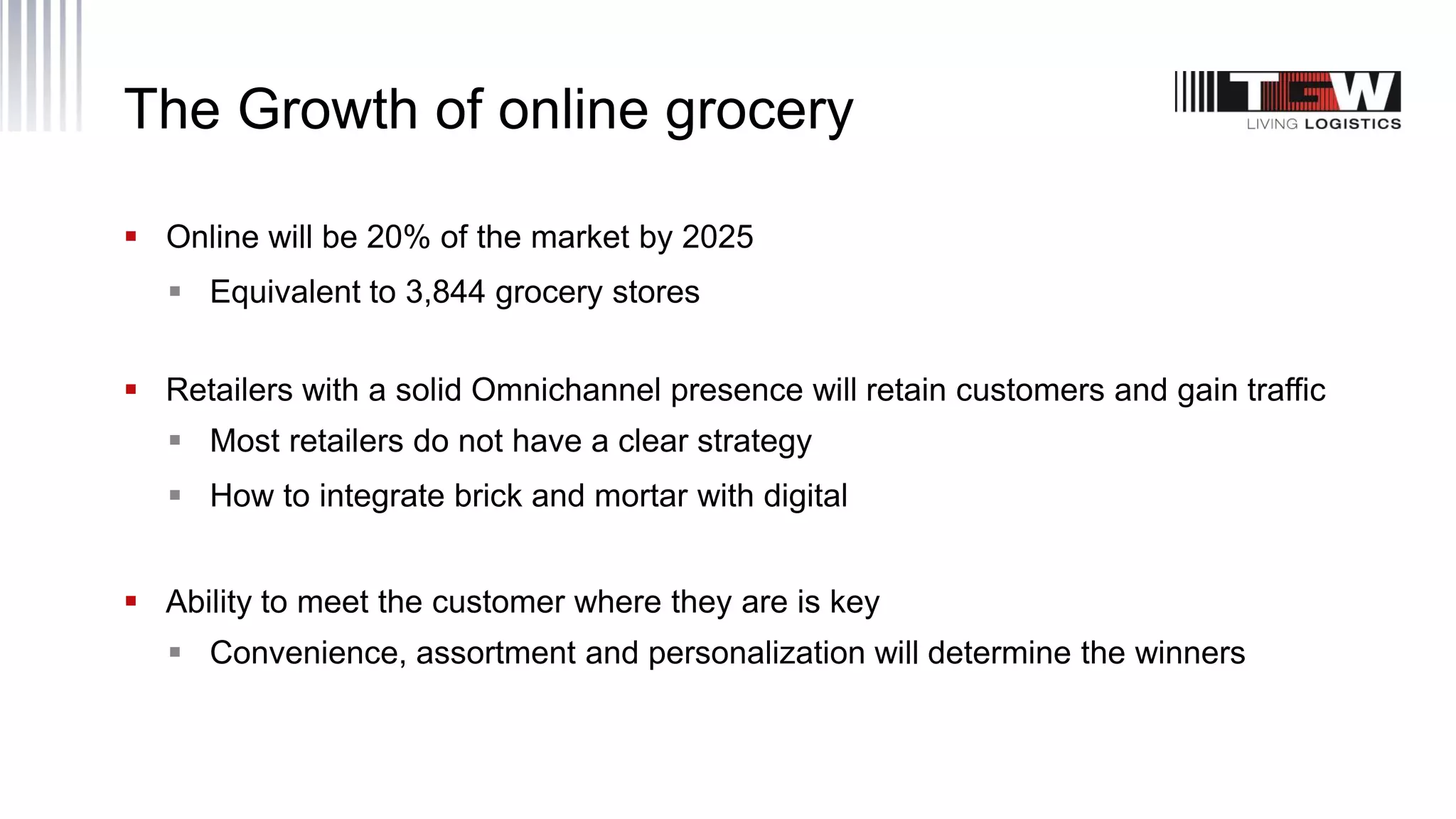 The Growth of online grocery
 Online will be 20% of the market by 2025
 Equivalent to 3,844 grocery stores
 Retailers with a solid Omnichannel presence will retain customers and gain traffic
 Most retailers do not have a clear strategy
 How to integrate brick and mortar with digital
 Ability to meet the customer where they are is key
 Convenience, assortment and personalization will determine the winners
 