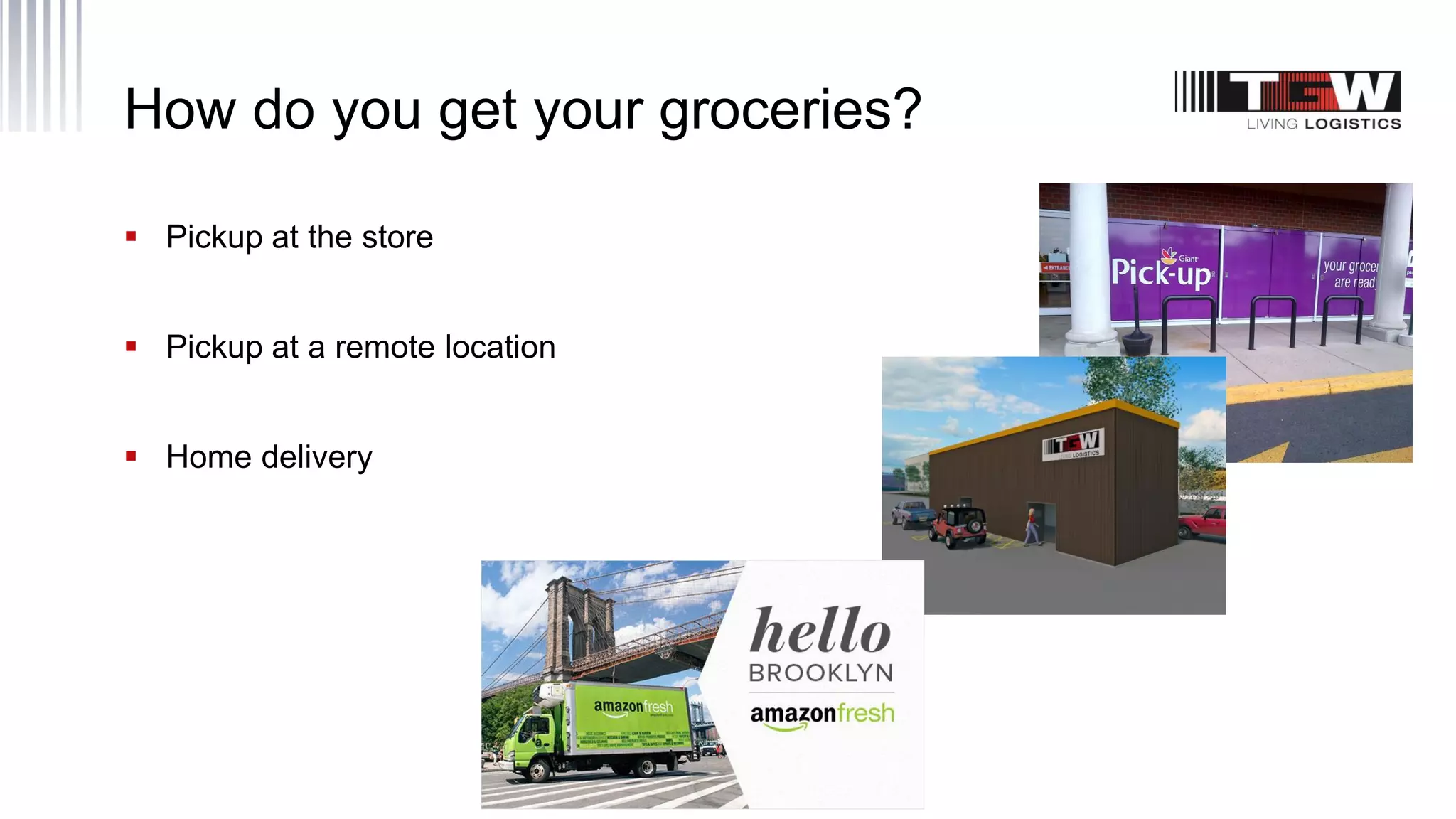 How do you get your groceries?
 Pickup at the store
 Pickup at a remote location
 Home delivery
 