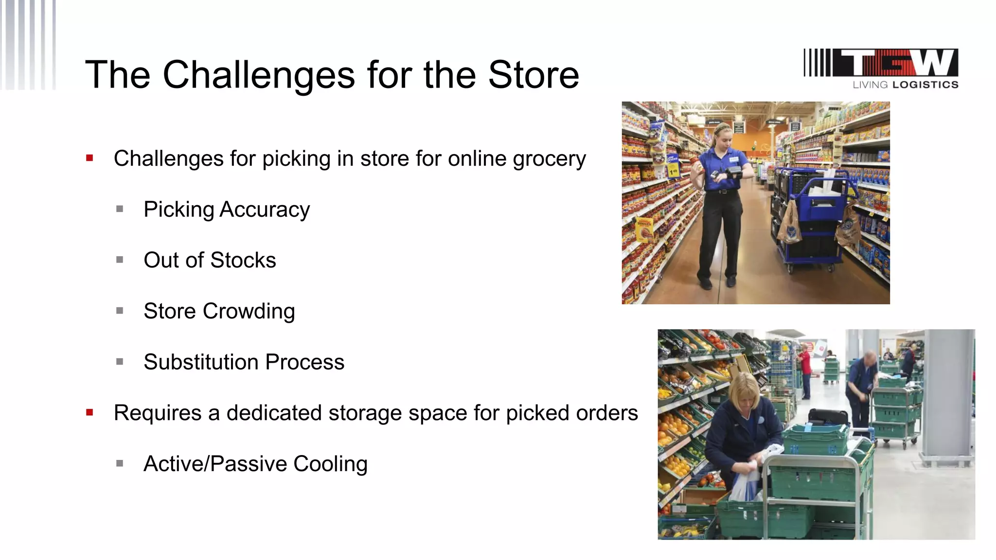 The Challenges for the Store
 Challenges for picking in store for online grocery
 Picking Accuracy
 Out of Stocks
 Store Crowding
 Substitution Process
 Requires a dedicated storage space for picked orders
 Active/Passive Cooling
 