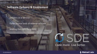 © 2018 Walmart
Software Delivery & Enablement
Code more. Live better.
Delivery as a Service
Open source tools at enterprise scale
Making the right thing easy
 