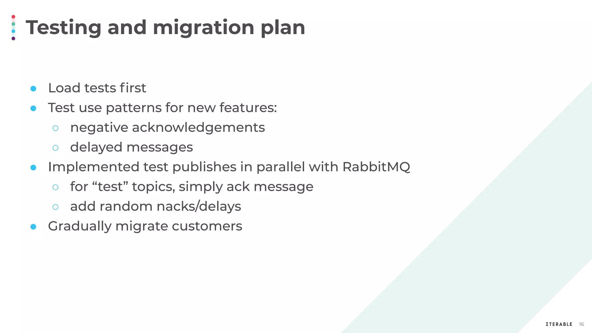 Testing and migration plan
16
● Load tests ﬁrst
● Test use patterns for new features:
○ negative acknowledgements
○ delayed messages
● Implemented test publishes in parallel with RabbitMQ
○ for “test” topics, simply ack message
○ add random nacks/delays
● Gradually migrate customers
 