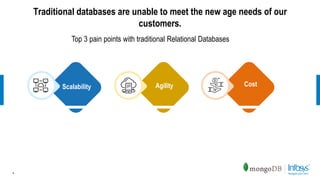 Traditional databases are unable to meet the new age needs of our
customers.
4
Top 3 pain points with traditional Relational Databases
CostScalability Agility
 