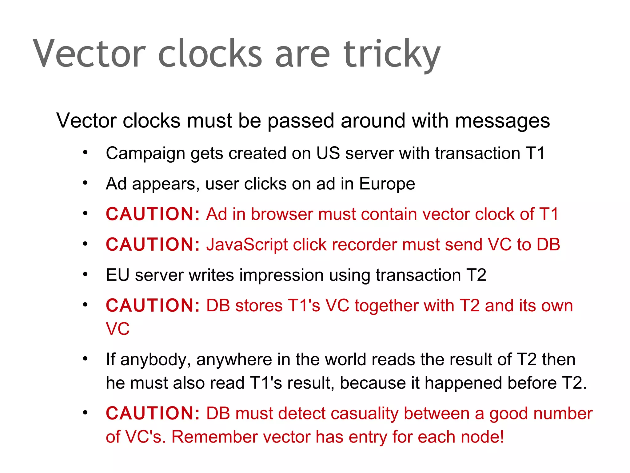 The speaker says...
The extreme focus on performance and availability bares
another challenge. As noted at the beginning, Dynamo may
decide to skip unresponsive nodes temporarily and leave it
to a background process to move data items to their
appropriate slots. N0 should write to its immediate
successors N1 and N2 because of N = 3 (three copies per
data item requested). Because N1 and N2 are unresponsive

the data is put on N3 and N4. Put() confirms the wite as soon
as W = 2 nodes have the data, for example, as soon as N 0
and N3 have it. Some time later, N1 and N2 return. A get()
runs against them and fails to see the latest update although

 