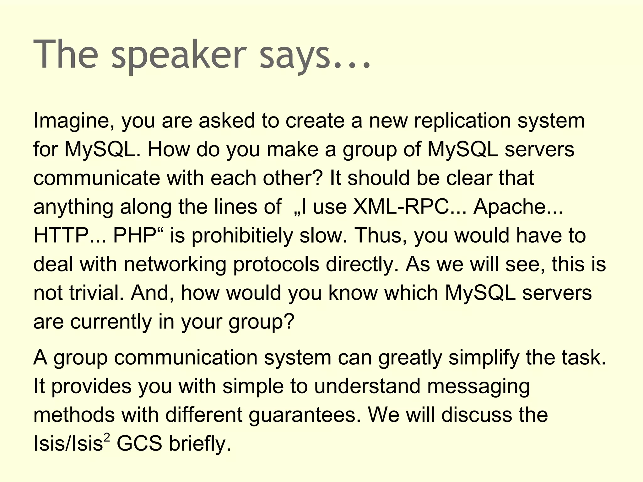 Google File System
Distributed File System
•

Designed for big, if not huge files, files split in chunks

•

Concurrent read and atomic append, rarely delete

•

High latency, high throughput

•

Replication factor 3, stateless master

Master
heart-beat

Shadowmaster

Metadata

Chunkserver
Chunks

Chunkserver
Chunks

Chunkserver
Chunks

 