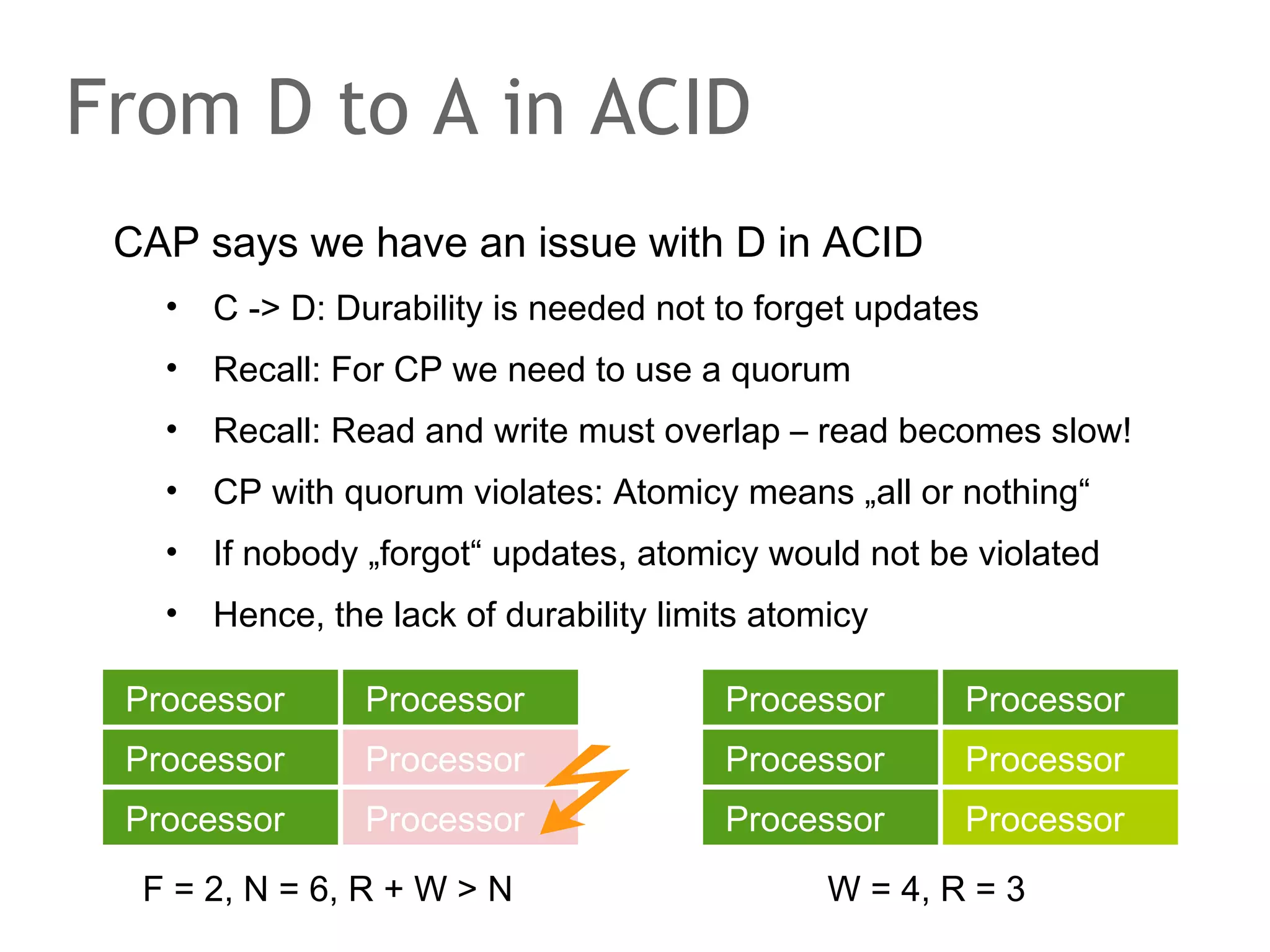 The speaker says...
GFS offers one stronger operation which is the equivalent to
O_APPEND. Appending data to a chunk at an arbitrary
position (as opposed to a write at a specific offset) is atomic
at least once. The protocol used for the operation does not
require a global lock manager. However, the data appended
may end up at different byte offsets on different replicas.
Whatever, append was one of the most important operations
and it worked.
But how to build a big table, a database like structure on top
of this?

 