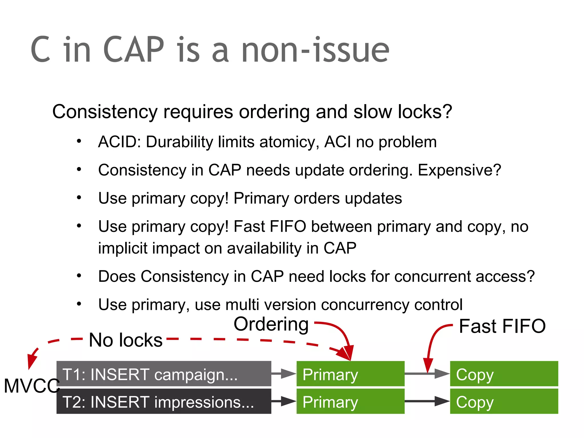 Google Chubby
Distributed locking service
•

Paxos for distributed consensus

•

Coarse-grained advisory shared and exclusive locks

•

Stores small files, e.g meta-data to locate master/primary

•

Some publish/subscribe messaging

Client Cache

Master
RPC

Replica
Chubby cell

Replica

Replica

Replica

 