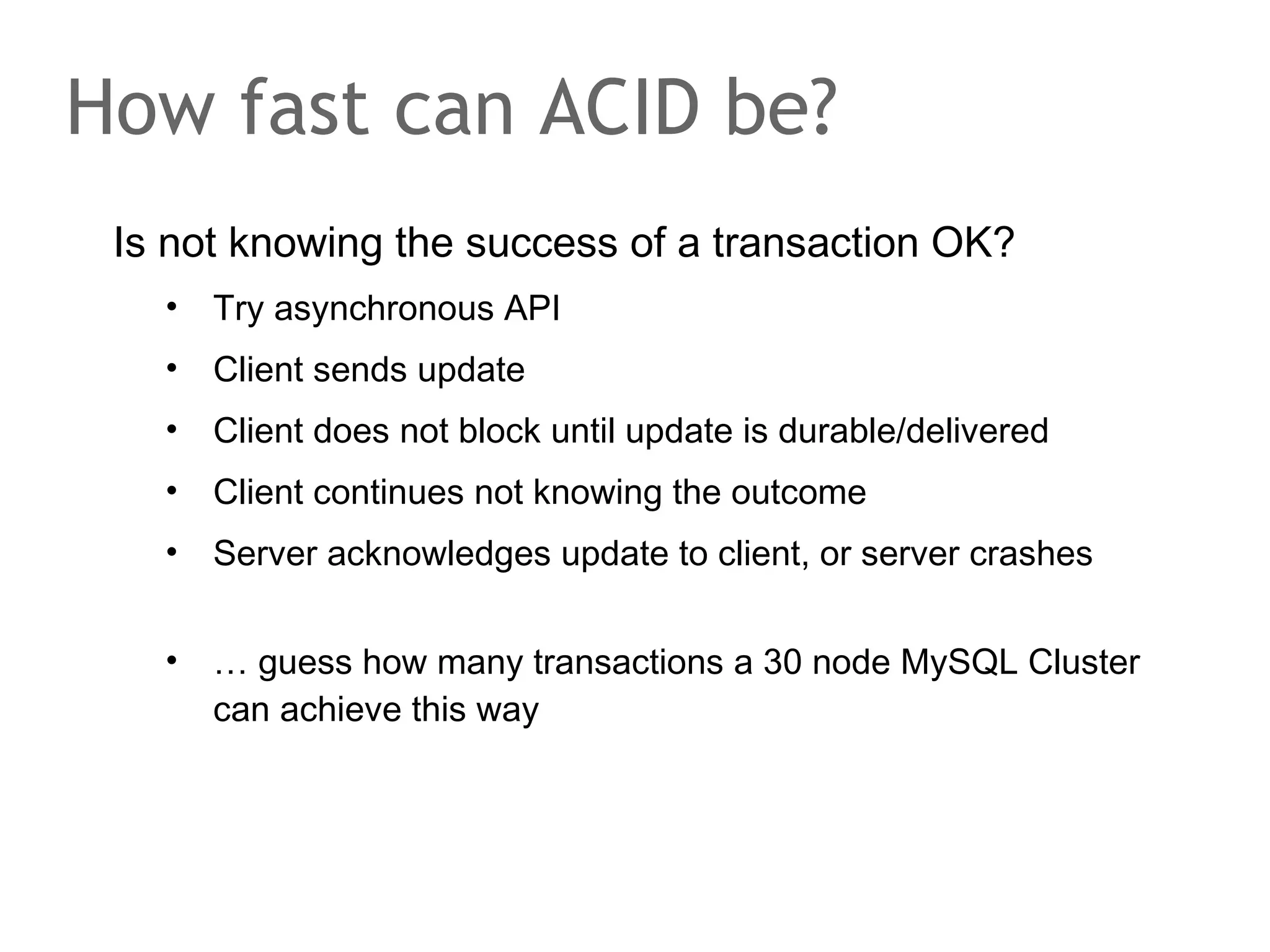 The speaker says...
Having a distributed locking service does not imply you can
easily implement transaction logic. Not only is Chubby not
designed for fine grained locks but also the application
would have to take care of many things required.
For example, the application must acquire locks following
two-phase locking. Two phase locking says that you have to
acquire all locks and then, afterwards, release them. Once
you have released a lock you must not acquire a new lock.
Here's why, ask yourself what state the other process will
observe and base his decisions on: Acquire('src');
Release('src'); /* other process scheduled to run now
*/; Acquire('dest'); Release('dest');

 