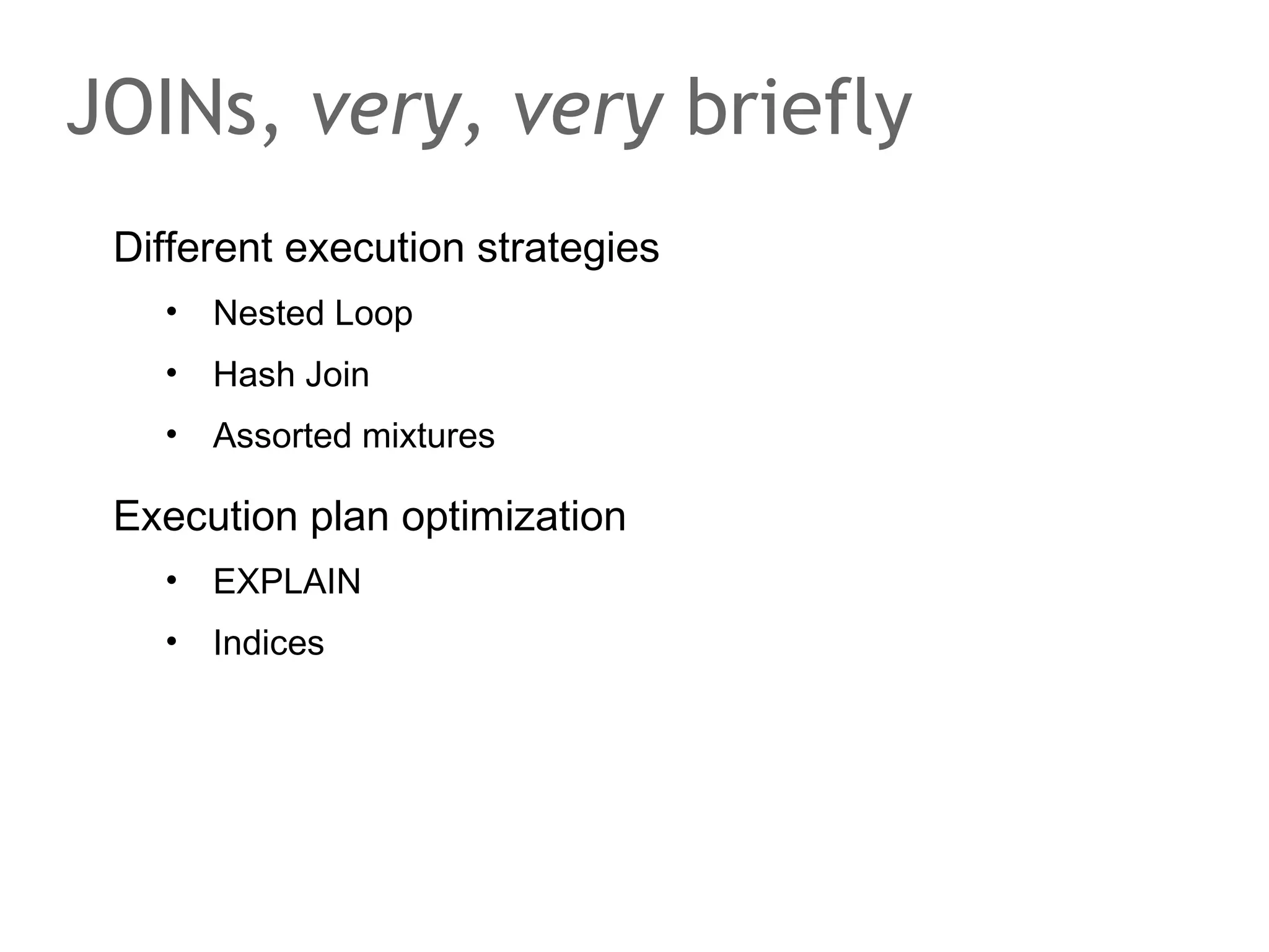 The speaker says...
Developing an application against a traditional database
begins with the schema design: what information is to be
stored, how is information to be grouped into logical resp.
conceptual units? The findings are modeled in an ER-model,
for example, using MySQL Workbench, as a design tool. In a
second step the ER-model is transformed in a physical data
model, for example, the model supported by a concrete
relational database. Everybody in the room should be
familiar with this, or be able to get his hands on about
database modeling.
For today, only the normalization rules matter.

 