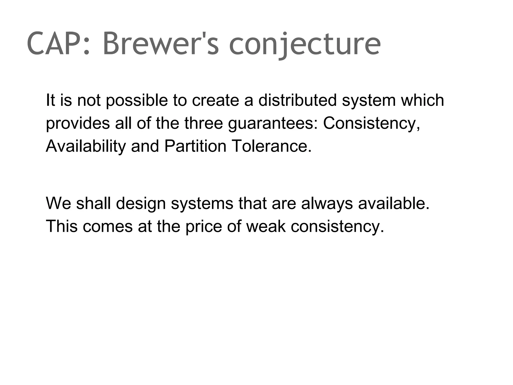 The speaker says...
Another slide that shows keywords I expect anybody in the
room to be familiar with.
Traditional record oriented databases often store rows in 432KB sized subsequent memory areas called pages. A page
holds one or multiple records. If a page cannot hold all the
data of a single row, additional overflow pages may be used.
To optimize for fast sequential disk read, systems may try to
keep pages sorted on disk. Variants of B-trees are used to
support search operations. If data is physically stored in the
order of an index, one speaks of a clustered index. InnoDB,
for example, is using a clustered index to layout a table on
disk sorted by primary key. This makes sequential search on
the PK particularily fast.

 