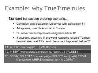 Example: why TrueTime rules
Standard transaction ordering scenario...
•

Campaign gets created on US server with transacti...