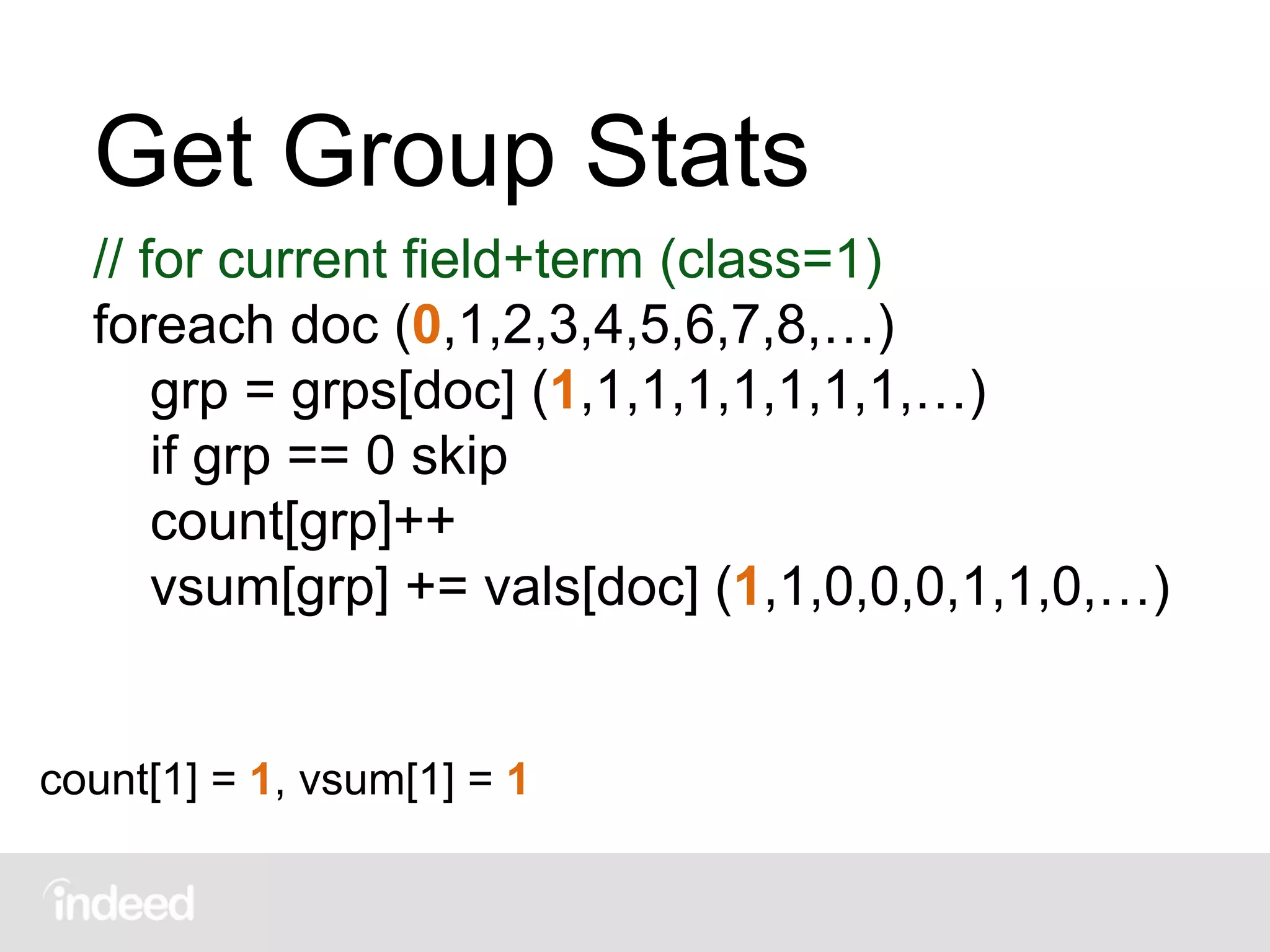 Get Group Stats
// for current field+term (class=1)
foreach doc (0,1,2,3,4,5,6,7,8,…)
grp = grps[doc] (1,1,1,1,1,1,1,1,…)
if grp == 0 skip
count[grp]++
vsum[grp] += vals[doc] (1,1,0,0,0,1,1,0,…)
count[1] = 1, vsum[1] = 1
 