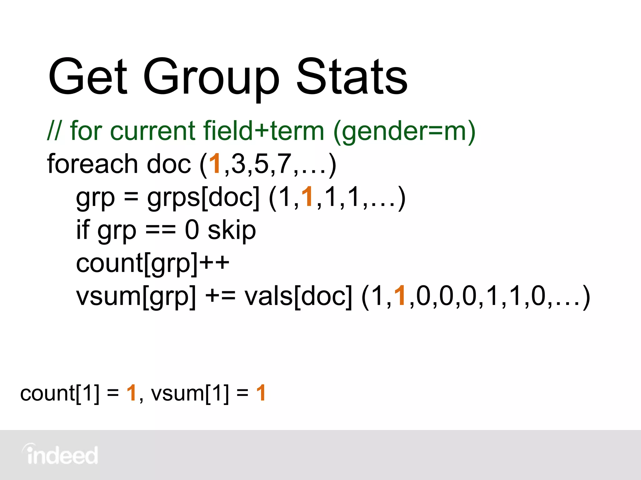 Get Group Stats
// for current field+term (gender=m)
foreach doc (1,3,5,7,…)
grp = grps[doc] (1,1,1,1,…)
if grp == 0 skip
count[grp]++
vsum[grp] += vals[doc] (1,1,0,0,0,1,1,0,…)
count[1] = 1, vsum[1] = 1
 