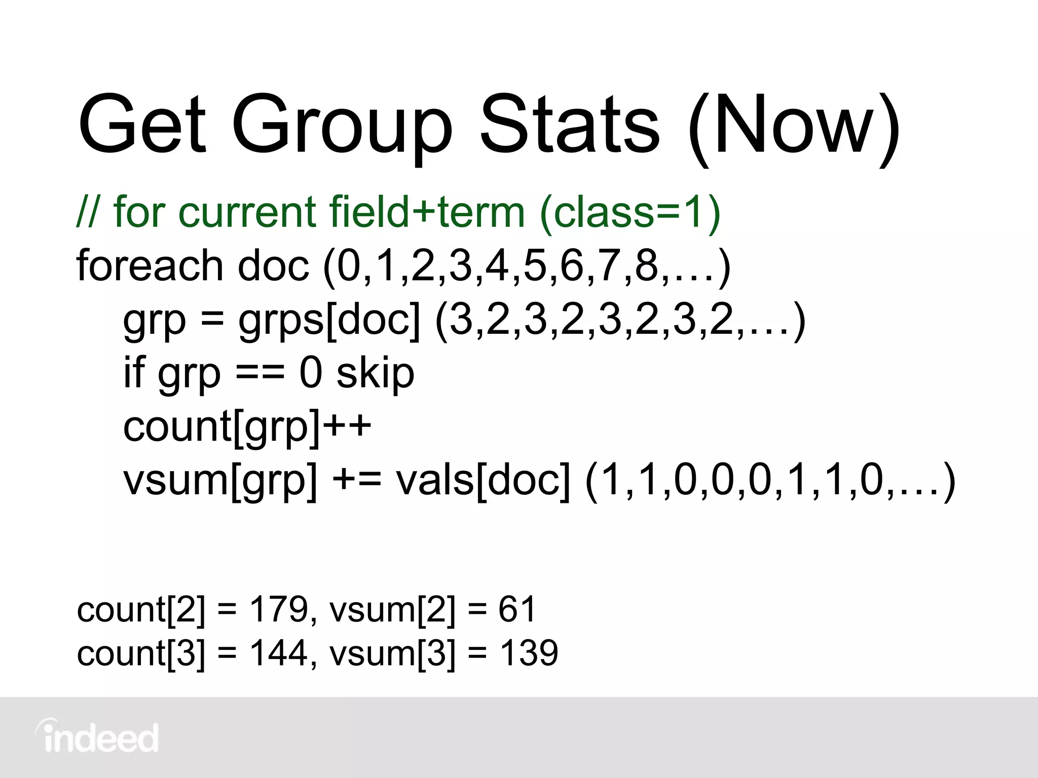 Get Group Stats (Now)
// for current field+term (class=1)
foreach doc (0,1,2,3,4,5,6,7,8,…)
grp = grps[doc] (3,2,3,2,3,2,3,2,…)
if grp == 0 skip
count[grp]++
vsum[grp] += vals[doc] (1,1,0,0,0,1,1,0,…)
count[2] = 179, vsum[2] = 61
count[3] = 144, vsum[3] = 139
 