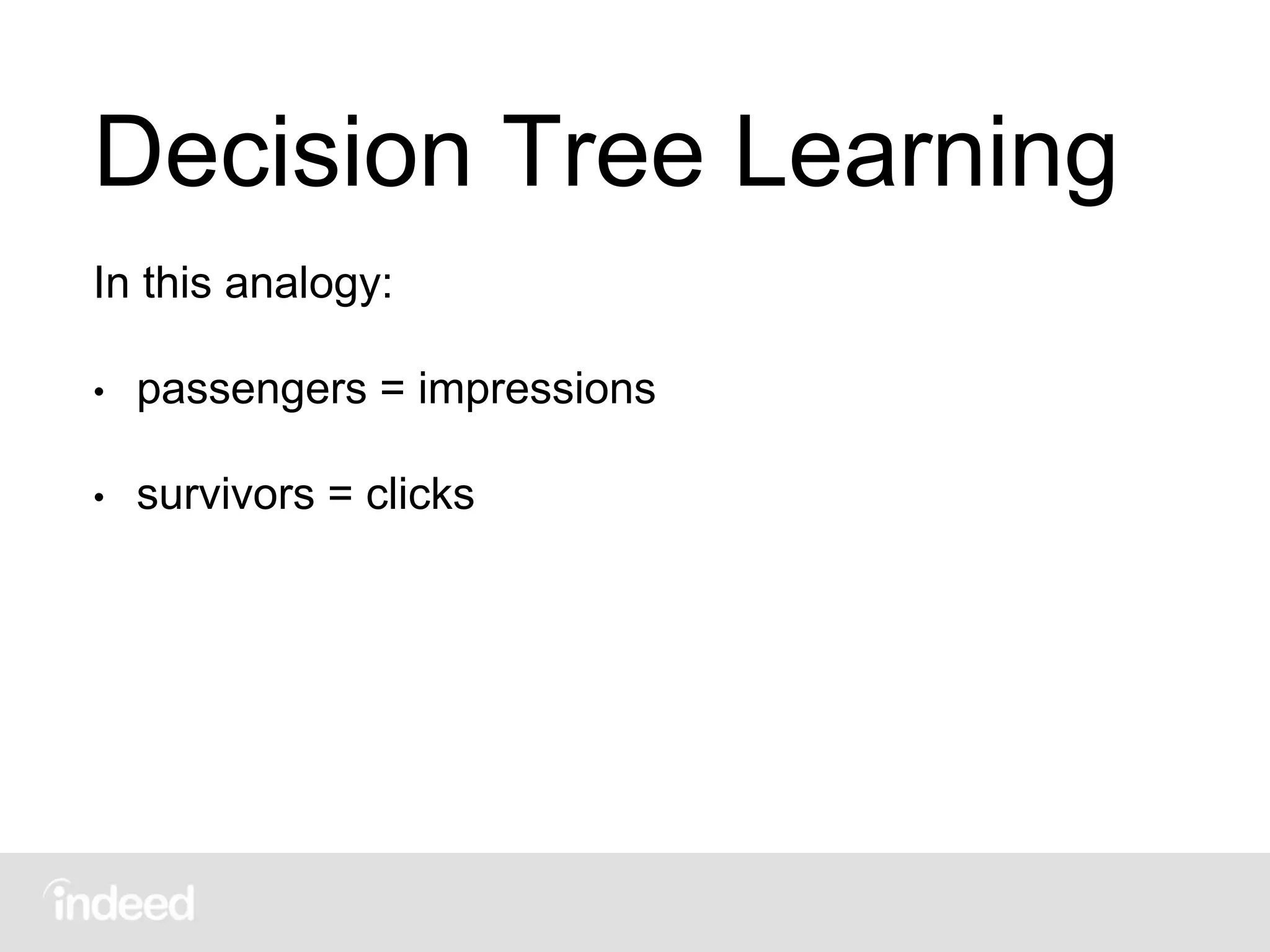 Decision Tree Learning
In this analogy:
• passengers = impressions
• survivors = clicks
 