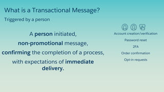 What is a Transactional Message?
A person initiated,
non-promotional message,
confirming the completion of a process,
with expectations of immediate
delivery.
Account creation/verification
Password reset
2FA
Order confirmation
Opt-in requests
Triggered by a person
 