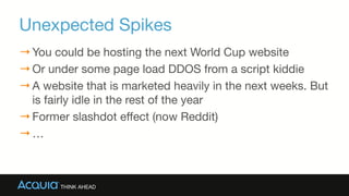 Unexpected Spikes
→You could be hosting the next World Cup website

→Or under some page load DDOS from a script kiddie

→A website that is marketed heavily in the next weeks. But
is fairly idle in the rest of the year

→Former slashdot effect (now Reddit)

→…
 