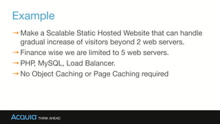 Example
→Make a Scalable Static Hosted Website that can handle
gradual increase of visitors beyond 2 web servers.

→Finance wise we are limited to 5 web servers.

→PHP, MySQL, Load Balancer.

→No Object Caching or Page Caching required
 