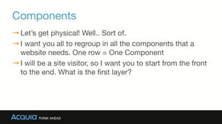 Components
→Let’s get physical! Well.. Sort of.

→I want you all to regroup in all the components that a
website needs. One row = One Component

→I will be a site visitor, so I want you to start from the front
to the end. What is the first layer?
 