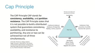 Cap Principle
Limoncelli,	
  Thomas	
  A.;	
  Chalup,	
  Strata	
  R.;	
  
Hogan,	
  Christina	
  J.	
  (2014-­‐09-­‐01).	
  The	
  Practice	
  
of	
  Cloud	
  System	
  Administration:	
  Designing	
  and	
  
Operating	
  Large	
  Distributed	
  Systems,	
  Volume	
  2	
  
(p.	
  21).	
  Pearson	
  Education.	
  Kindle	
  Edition.	
  
The	
  CAP	
  Principle	
  CAP	
  stands	
  for	
  
consistency,	
  availability,	
  and	
  partition	
  
resistance.	
  The	
  CAP	
  Principle	
  states	
  that	
  
it	
  is	
  not	
  possible	
  to	
  build	
  a	
  distributed	
  
system	
  that	
  guarantees	
  consistency,	
  
availability,	
  and	
  resistance	
  to	
  
partitioning.	
  Any	
  one	
  or	
  two	
  can	
  be	
  
achieved	
  but	
  not	
  all	
  three	
  
simultaneously.
 