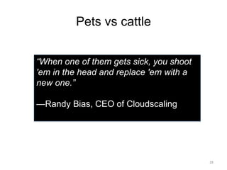 Pets vs cattle
28
“When one of them gets sick, you shoot
'em in the head and replace 'em with a
new one.”
—Randy Bias, CEO of Cloudscaling
 