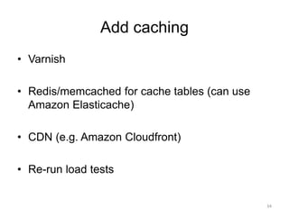 Add caching
• Varnish
• Redis/memcached for cache tables (can use
Amazon Elasticache)
• CDN (e.g. Amazon Cloudfront)
• Re-run load tests
34
 