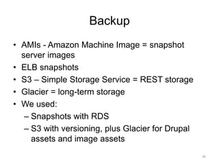 Backup
• AMIs - Amazon Machine Image = snapshot
server images
• ELB snapshots
• S3 – Simple Storage Service = REST storage
• Glacier = long-term storage
• We used:
– Snapshots with RDS
– S3 with versioning, plus Glacier for Drupal
assets and image assets
36
 
