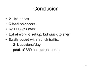Conclusion
• 21 instances
• 6 load balancers
• 67 ELB volumes
• Lot of work to set up, but quick to alter
• Easily coped with launch traffic:
– 21k sessions/day
– peak of 350 concurrent users
42
 