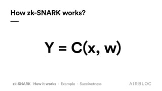 Y = C(x, w)
How zk-SNARK works?
zk-SNARK How it works · Example · Succinctness
 