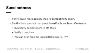Succinctness
• Verify much more quickly than re-computing C again.
• SNARK is so succinct that proof is verifiable on Smart Contracts
• Run heavy computations in off-chain
• Verify it on-chain
• You can even hide the inputs (Remember x, w?)
zk-SNARK How it works · Example · Succinctness
 