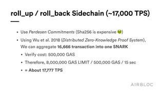roll_up / roll_back Sidechain (~17,000 TPS)
• Use Perdesen Commitments (Sha256 is expensive 🤢)
• Using Wu et al. 2018 (Distributed Zero-Knowledge Proof System), 
We can aggregate 16,666 transaction into one SNARK
• Verify cost: 500,000 GAS
• Therefore, 8,000,000 GAS LIMIT / 500,000 GAS / 15 sec
• = About 17,777 TPS
 